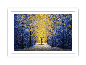Surreal blue gold umbrella corridor canvas art for dramatic hallway decor.