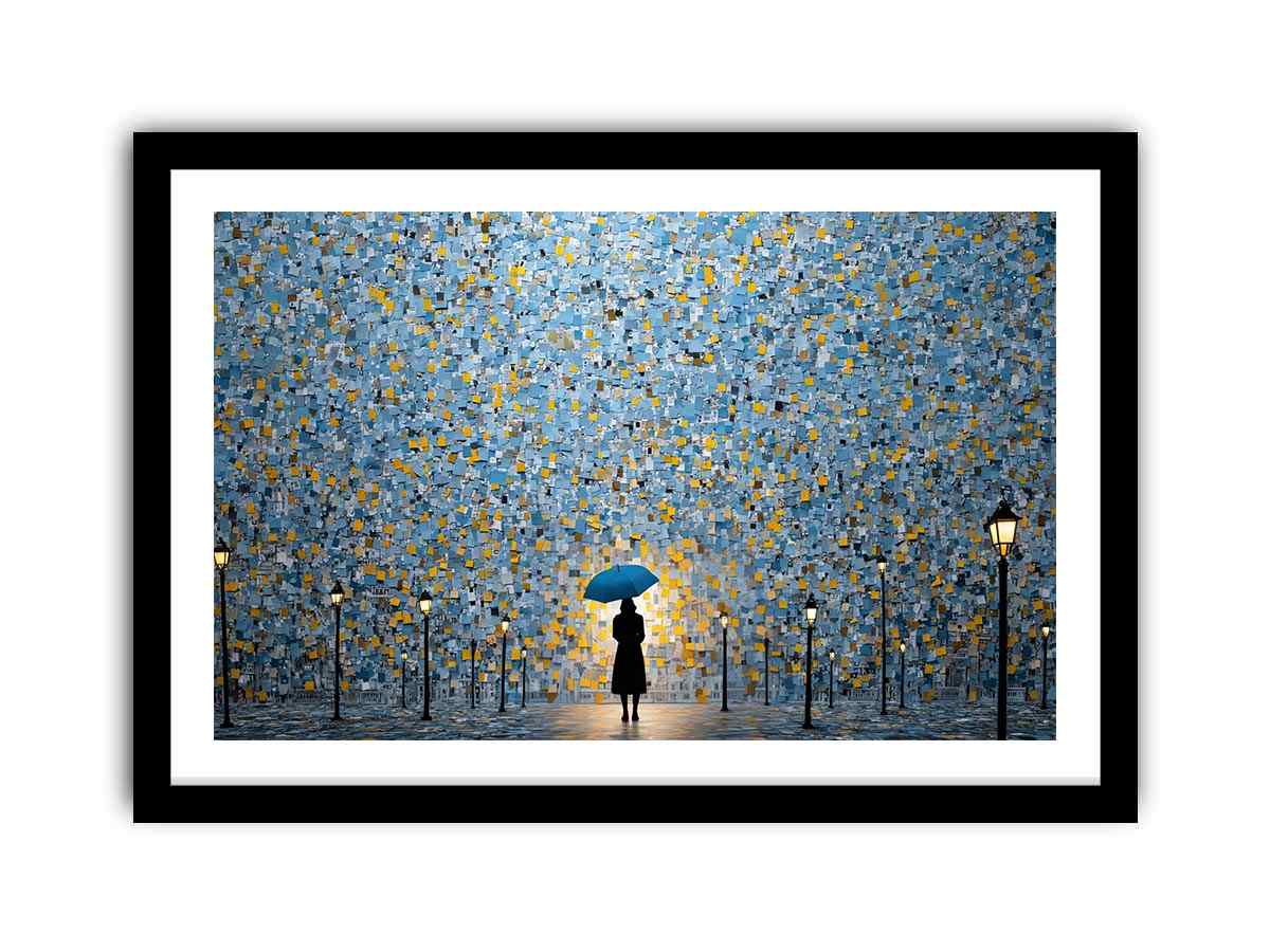 Blue umbrella abstract city canvas art for modern office and hallway decor.