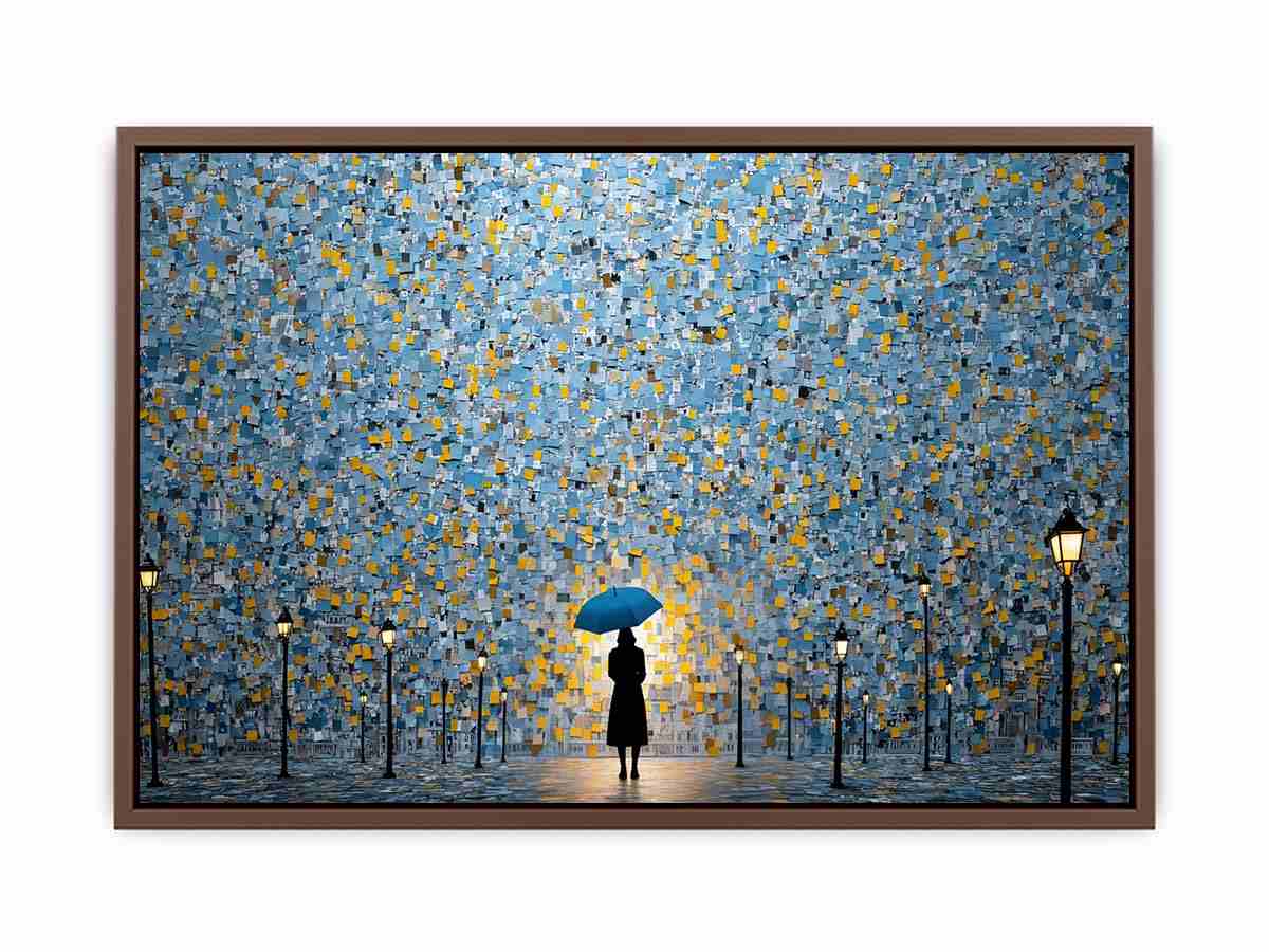 Blue umbrella abstract city canvas art for modern office and hallway decor.