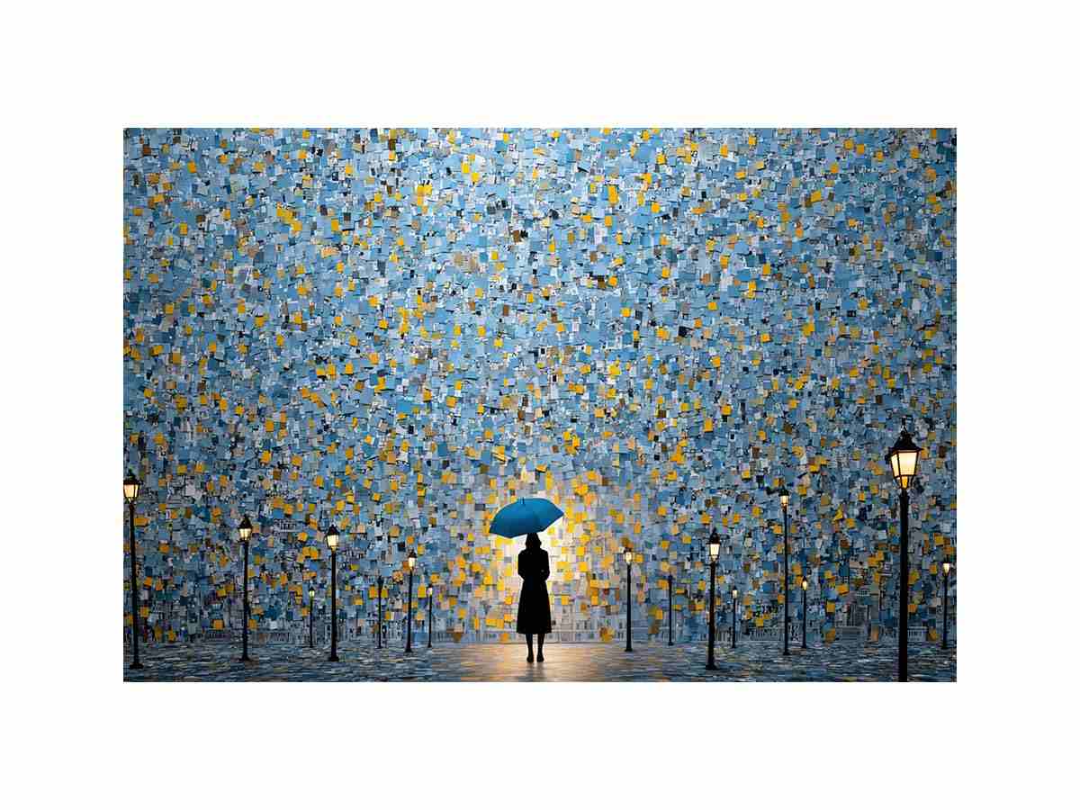 Blue umbrella abstract city canvas art for modern office and hallway decor.