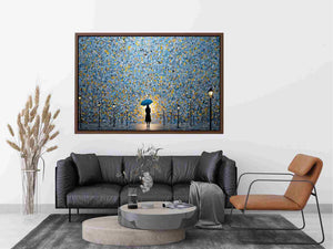 Blue umbrella abstract city canvas art for modern office and hallway decor.