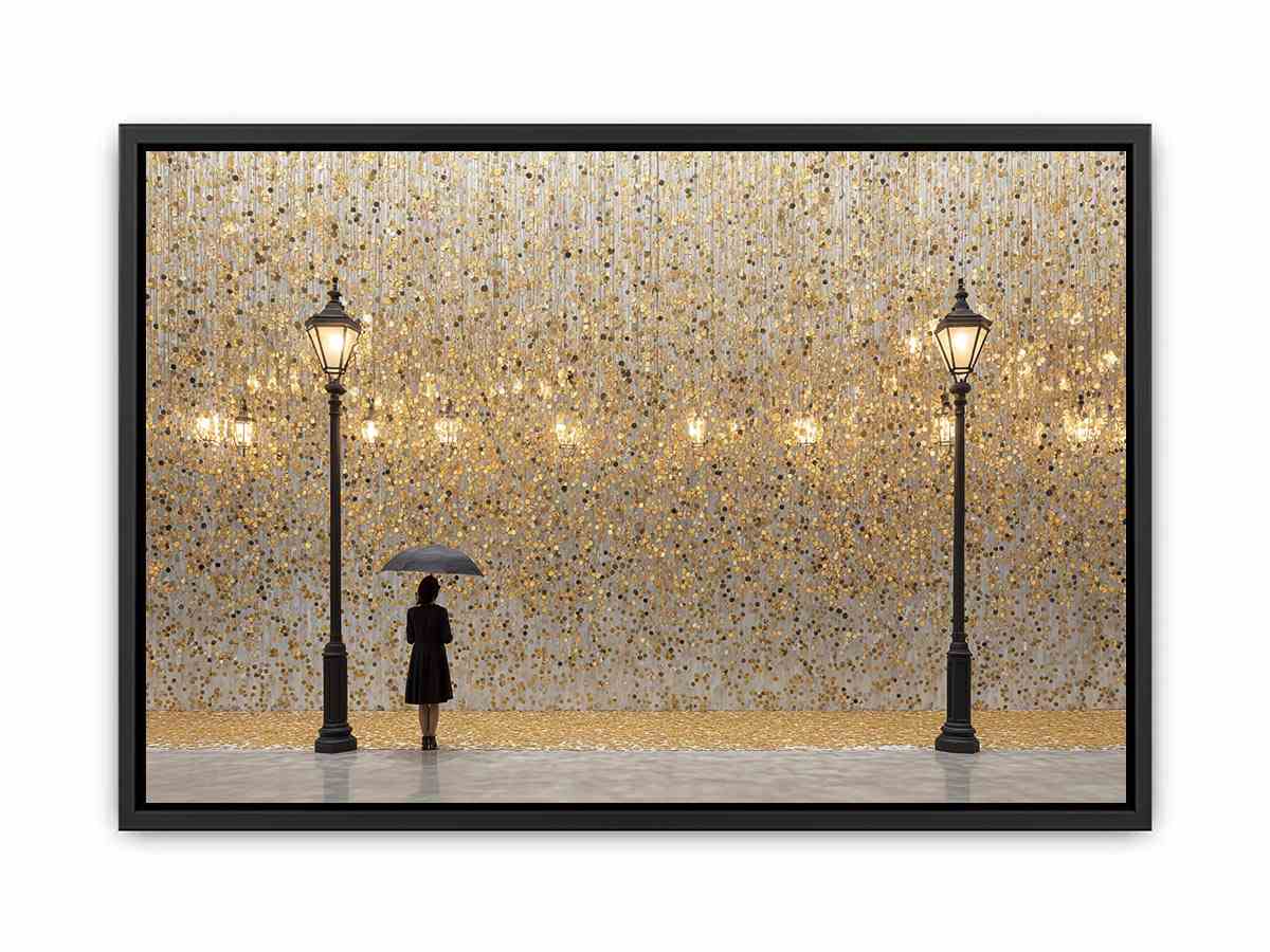 Gold umbrella statement canvas art for luxury living room and entryway decor.