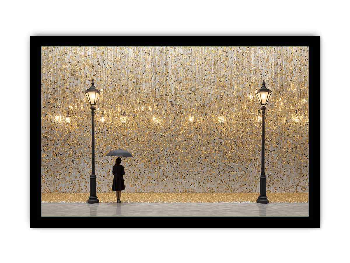Gold umbrella statement canvas art for luxury living room and entryway decor.