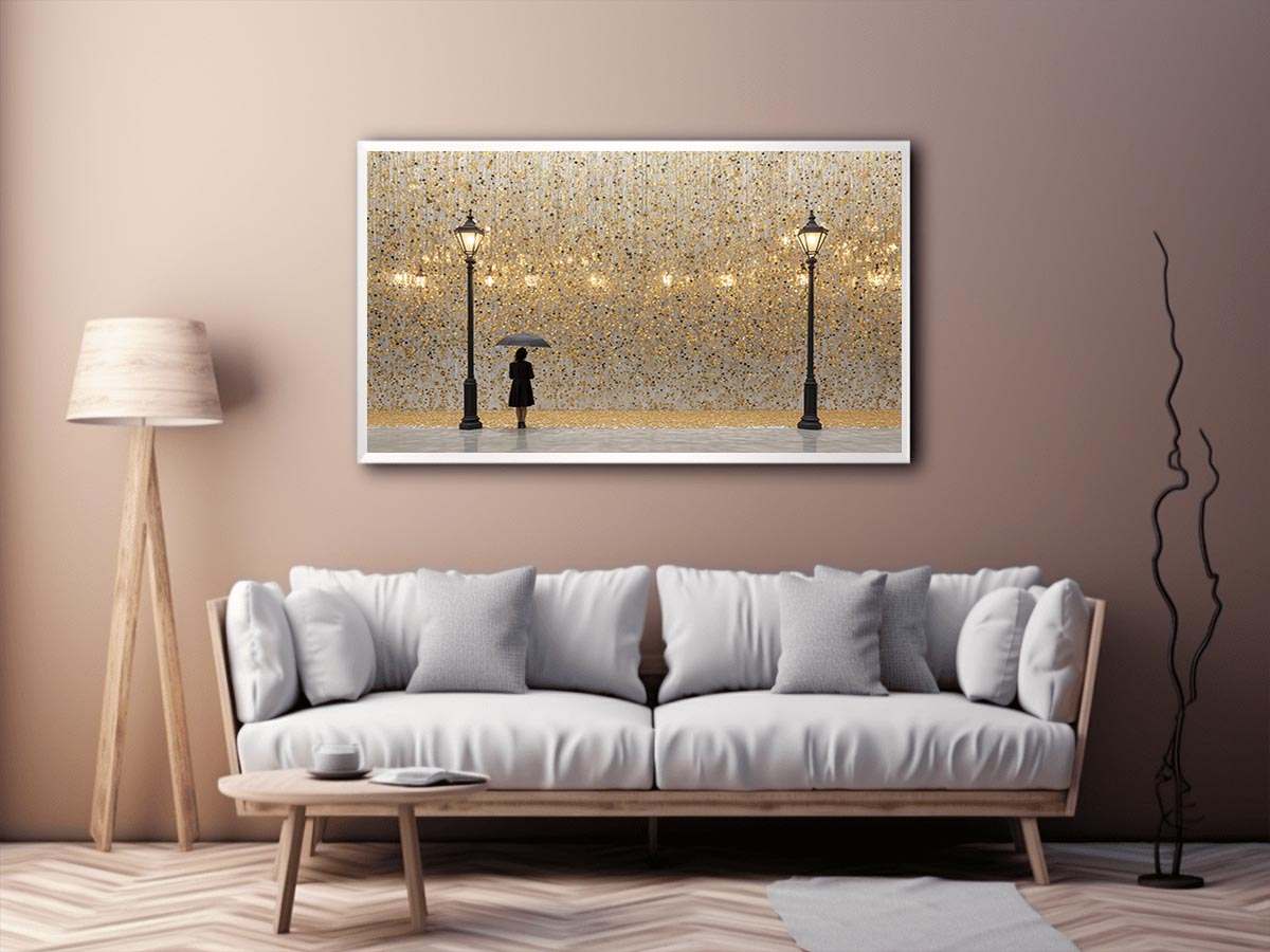Gold umbrella statement canvas art for luxury living room and entryway decor.