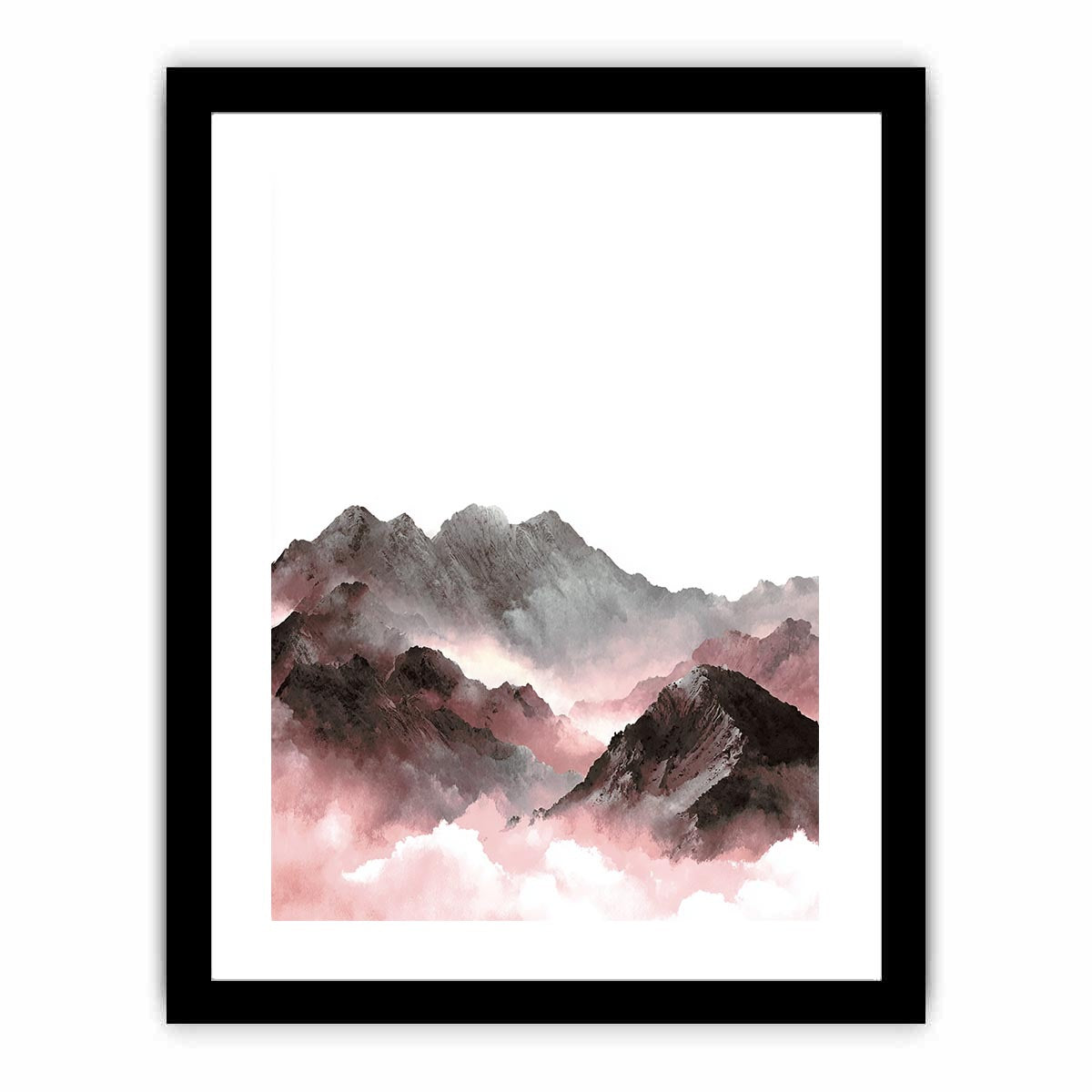 Soft pink and grey mountain watercolor canvas art for calm bedroom decor.