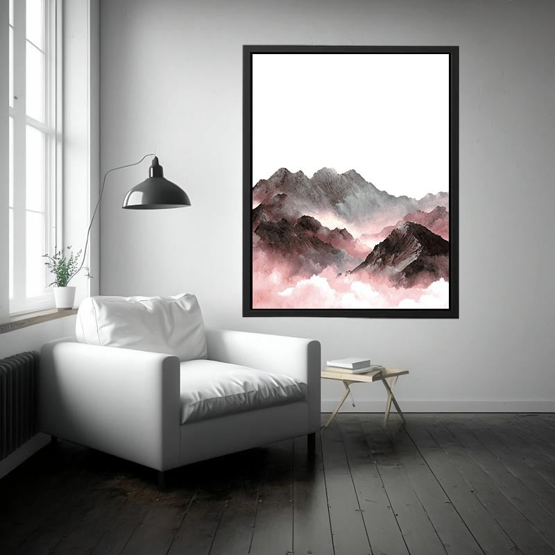 Soft pink and grey mountain watercolor canvas art for calm bedroom decor.