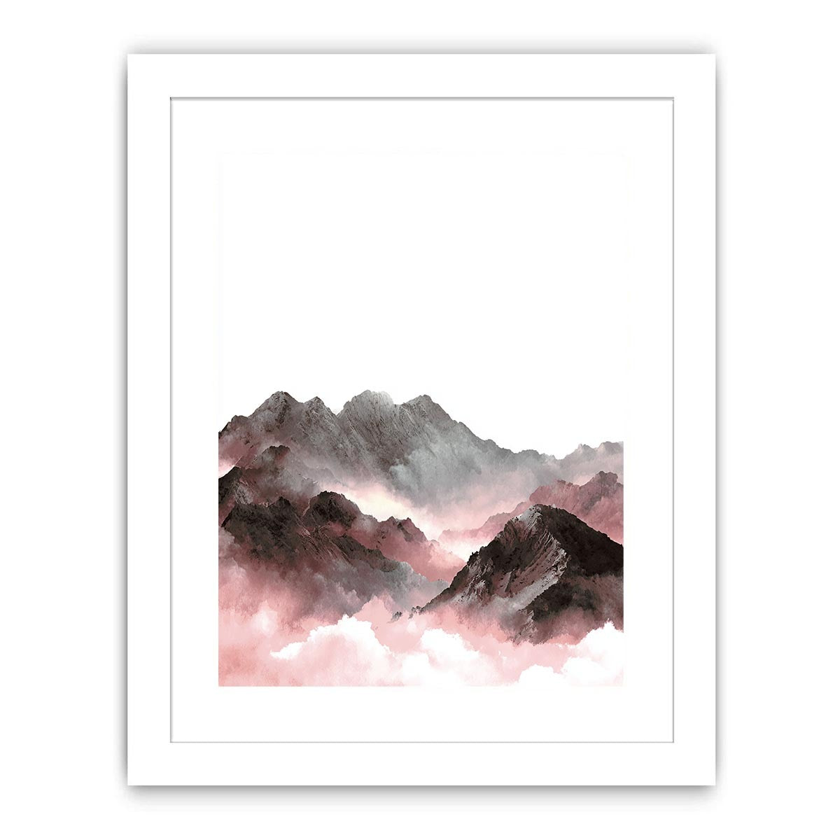Soft pink and grey mountain watercolor canvas art for calm bedroom decor.
