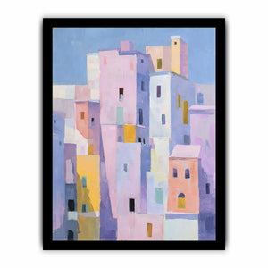 Pastel city architecture canvas art for colorful modern living room decor.