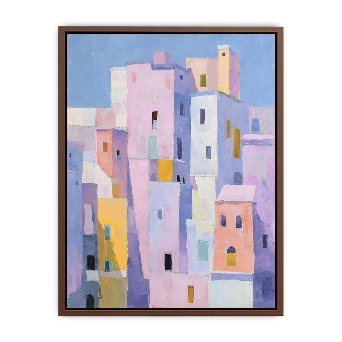 Pastel city architecture canvas art for colorful modern living room decor.