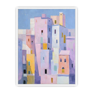 Pastel city architecture canvas art for colorful modern living room decor.