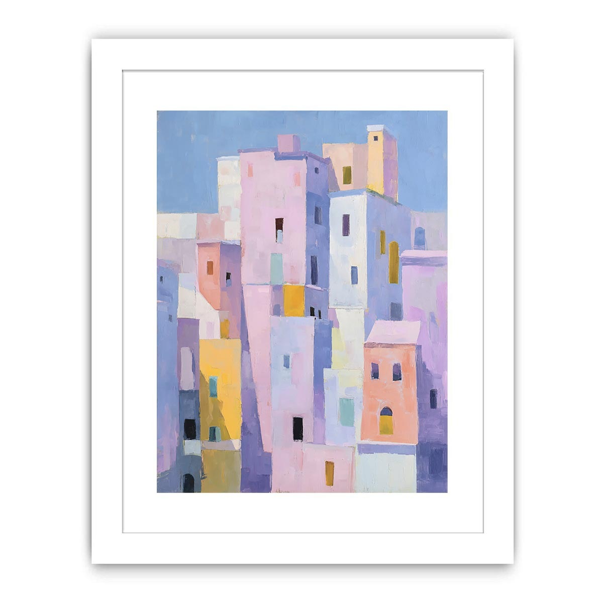 Pastel city architecture canvas art for colorful modern living room decor.