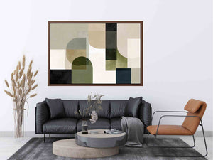 Sage geometric abstract canvas art for calm modern living room decor.