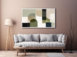Sage geometric abstract canvas art for calm modern living room decor.