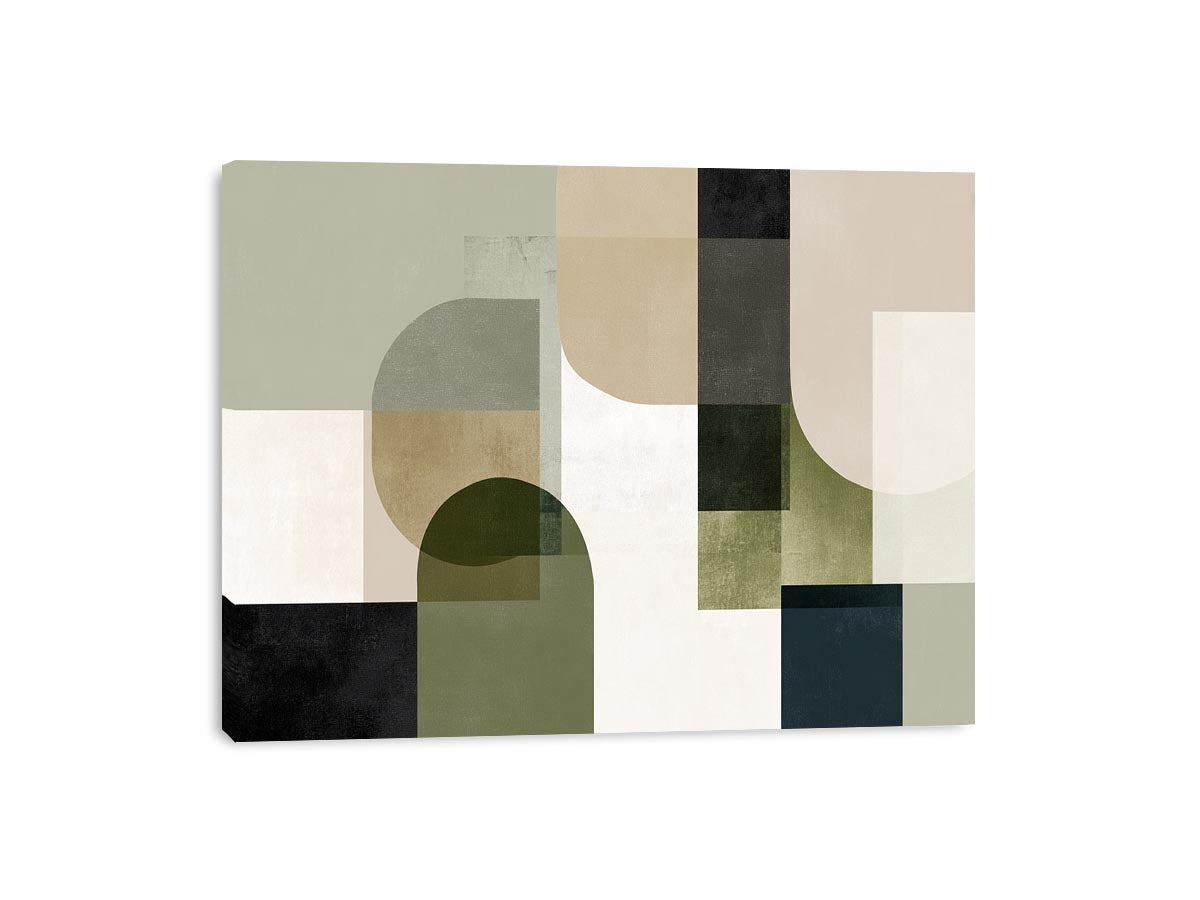 Sage geometric abstract canvas art for calm modern living room decor.