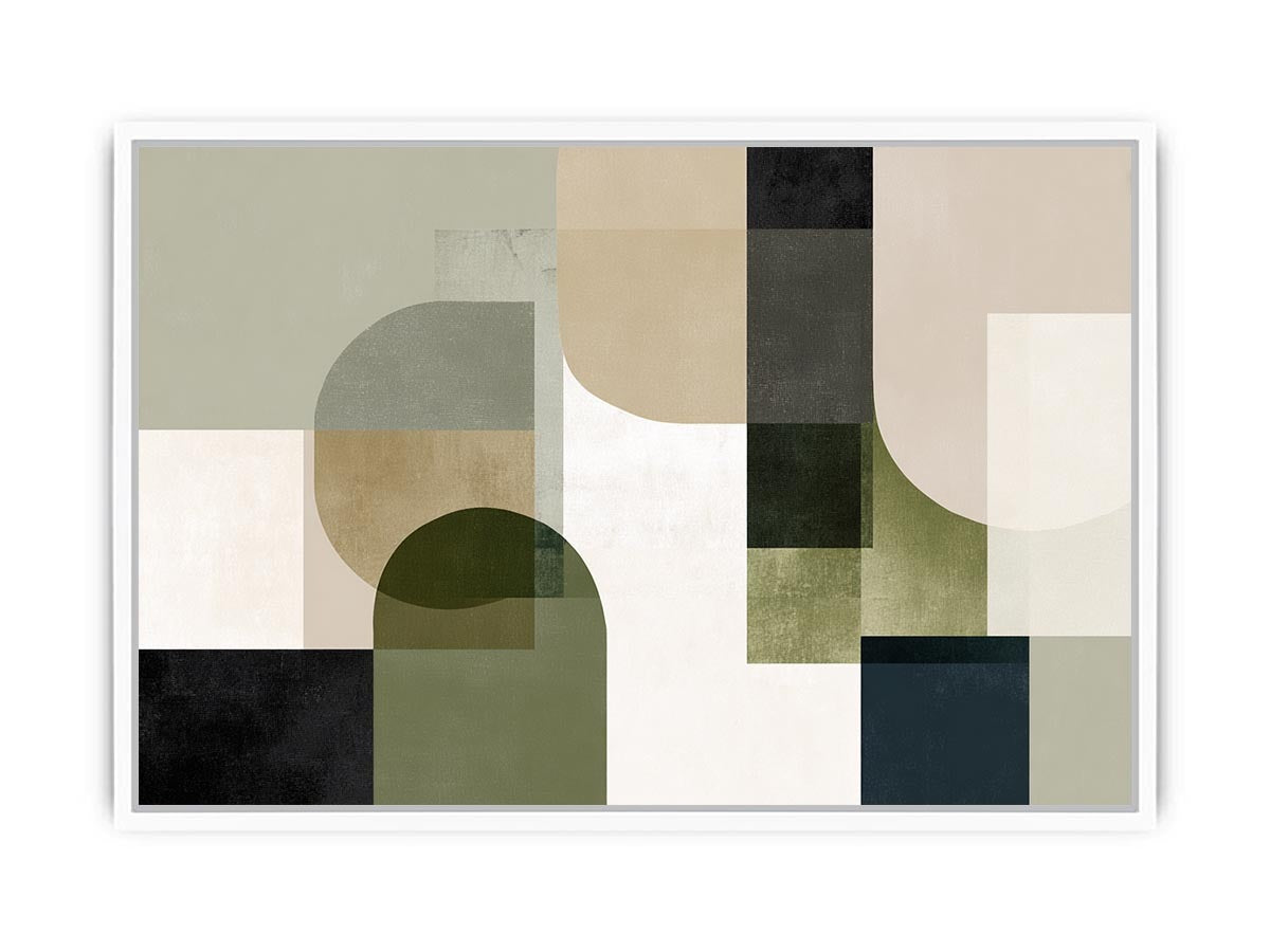 Sage geometric abstract canvas art for calm modern living room decor.