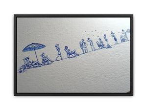 Blue beach line drawing wall art for coastal hallway or beach house decor.