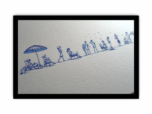 Blue beach line drawing wall art for coastal hallway or beach house decor.