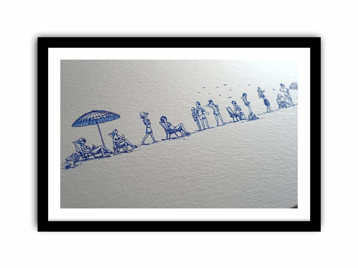 Blue beach line drawing wall art for coastal hallway or beach house decor.