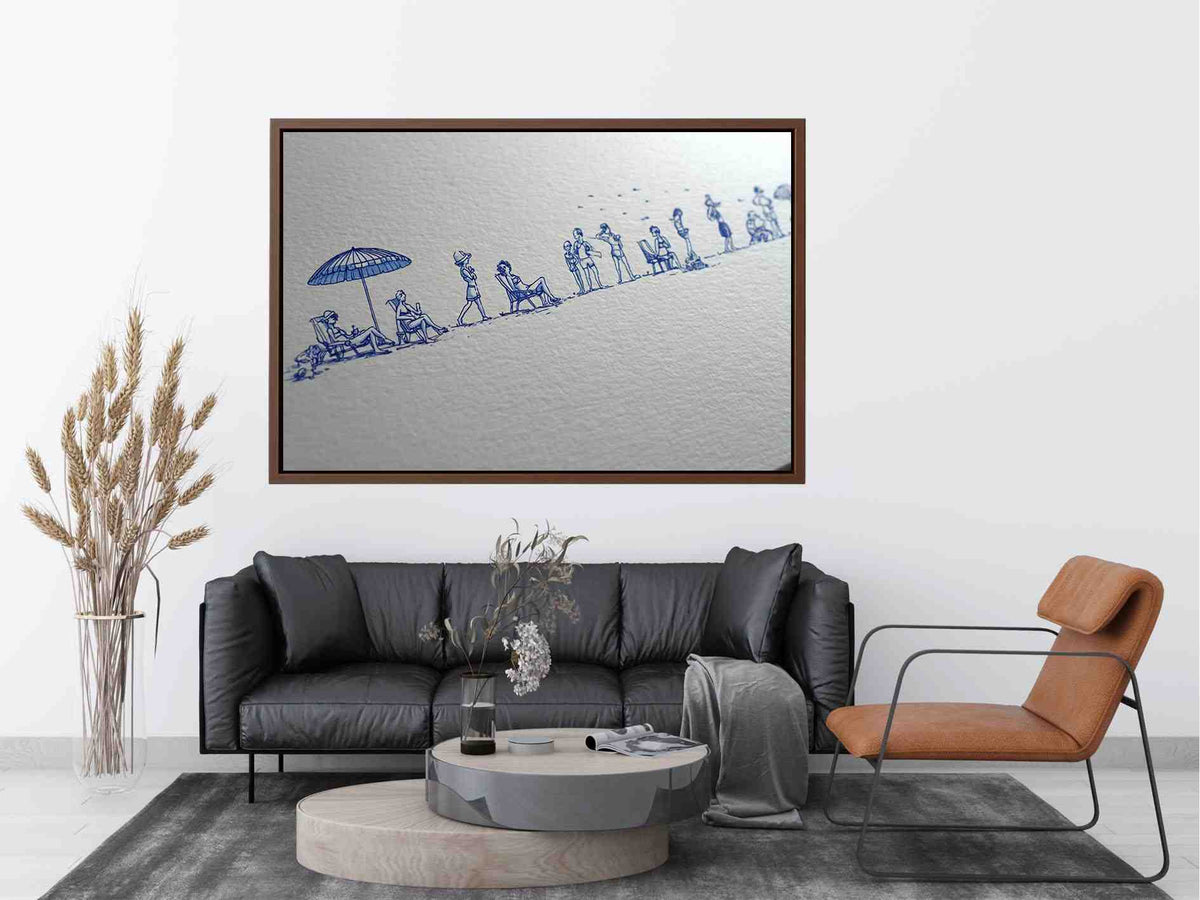 Blue beach line drawing wall art for coastal hallway or beach house decor.