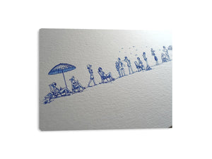 Blue beach line drawing wall art for coastal hallway or beach house decor.