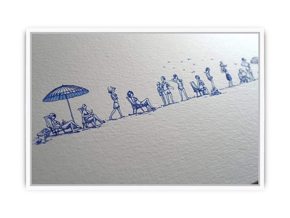 Blue beach line drawing wall art for coastal hallway or beach house decor.
