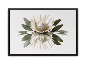 White protea botanical canvas art for serene bedroom or living room decor.