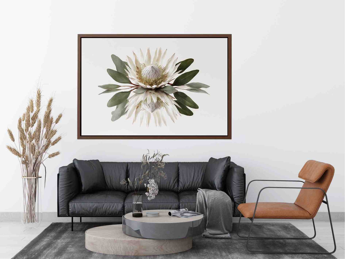White protea botanical canvas art for serene bedroom or living room decor.