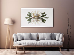 White protea botanical canvas art for serene bedroom or living room decor.