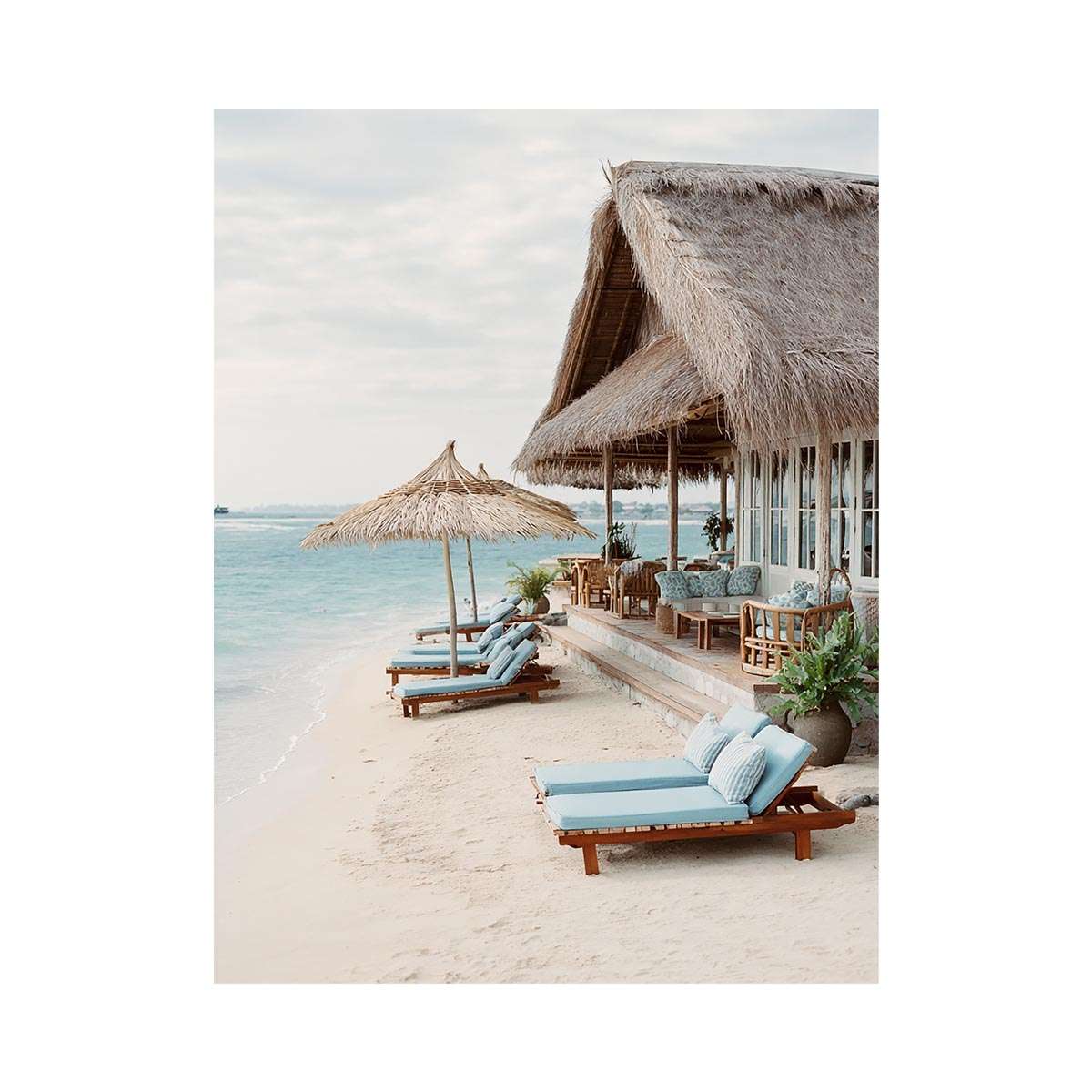 Luxury beach villa canvas print for coastal bedroom or living room decor.