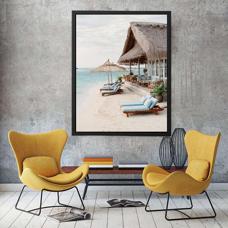 Luxury beach villa canvas print for coastal bedroom or living room decor.