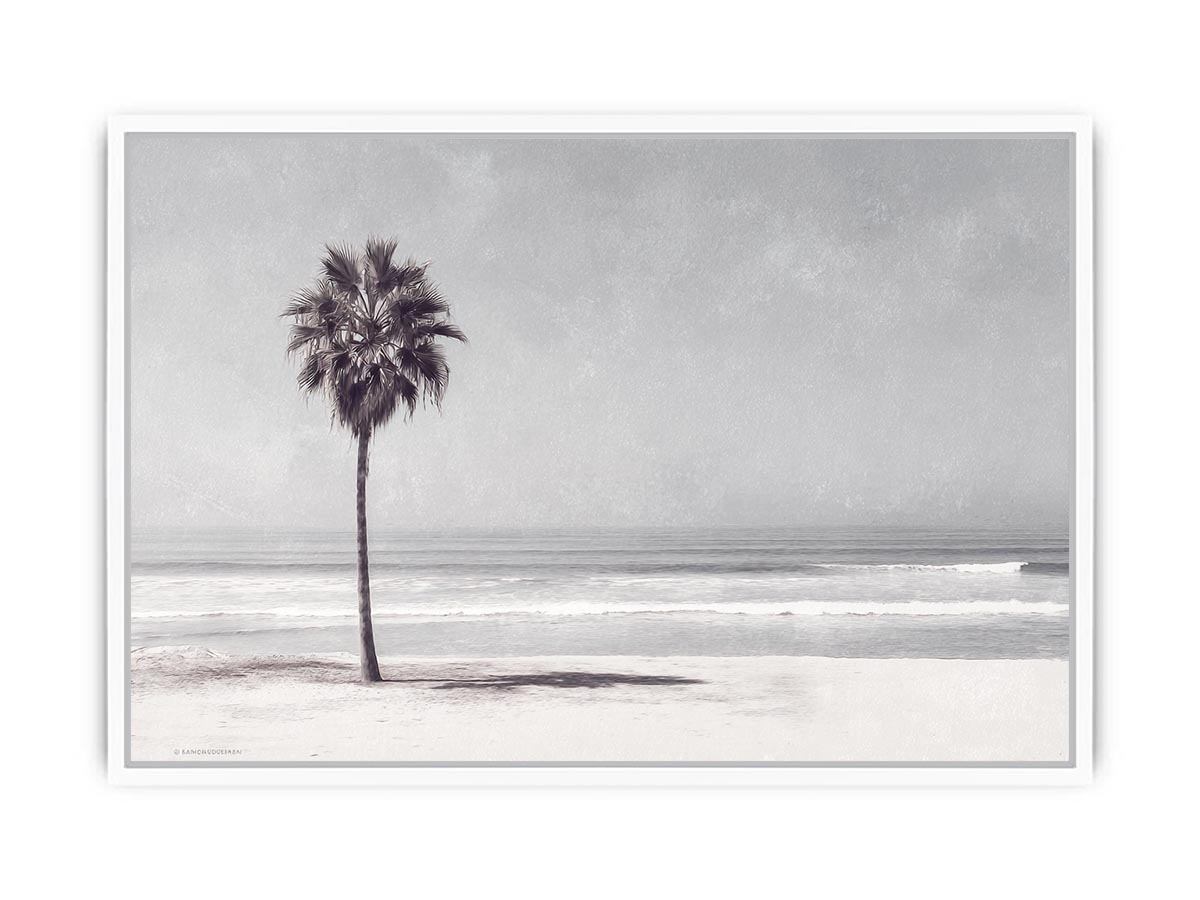 Monochrome palm beach canvas print for coastal bedroom wall decor.