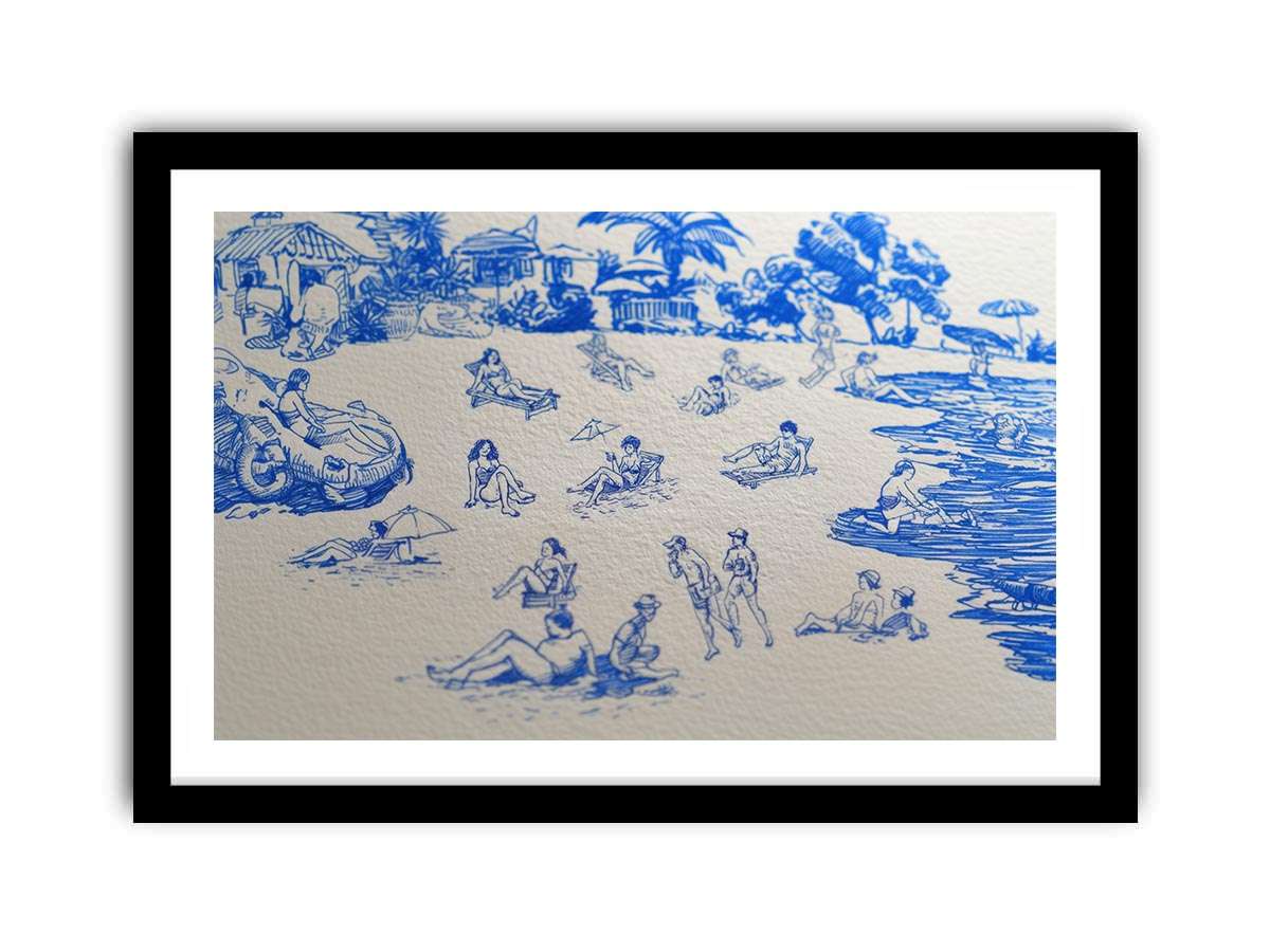 Blue tropical beach line art canvas for playful coastal wall decor.