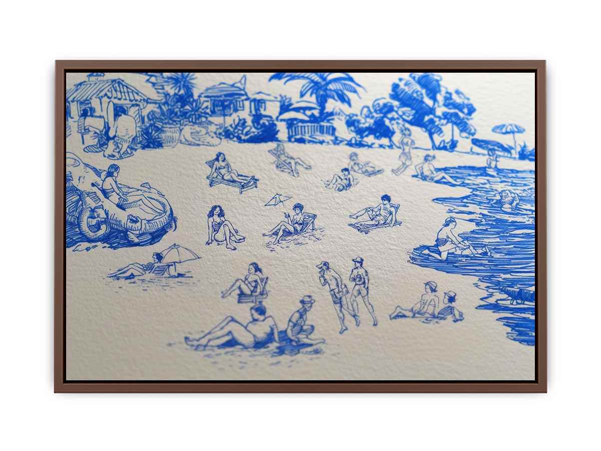 Blue tropical beach line art canvas for playful coastal wall decor.