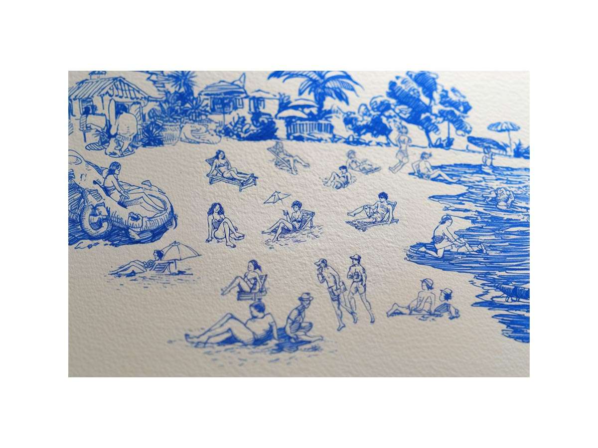 Blue tropical beach line art canvas for playful coastal wall decor.