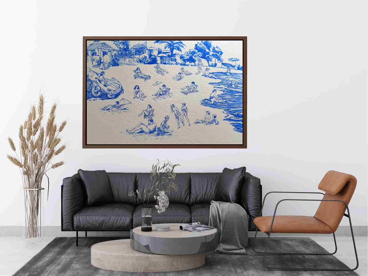 Blue tropical beach line art canvas for playful coastal wall decor.