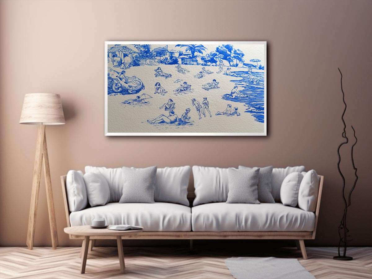Blue tropical beach line art canvas for playful coastal wall decor.