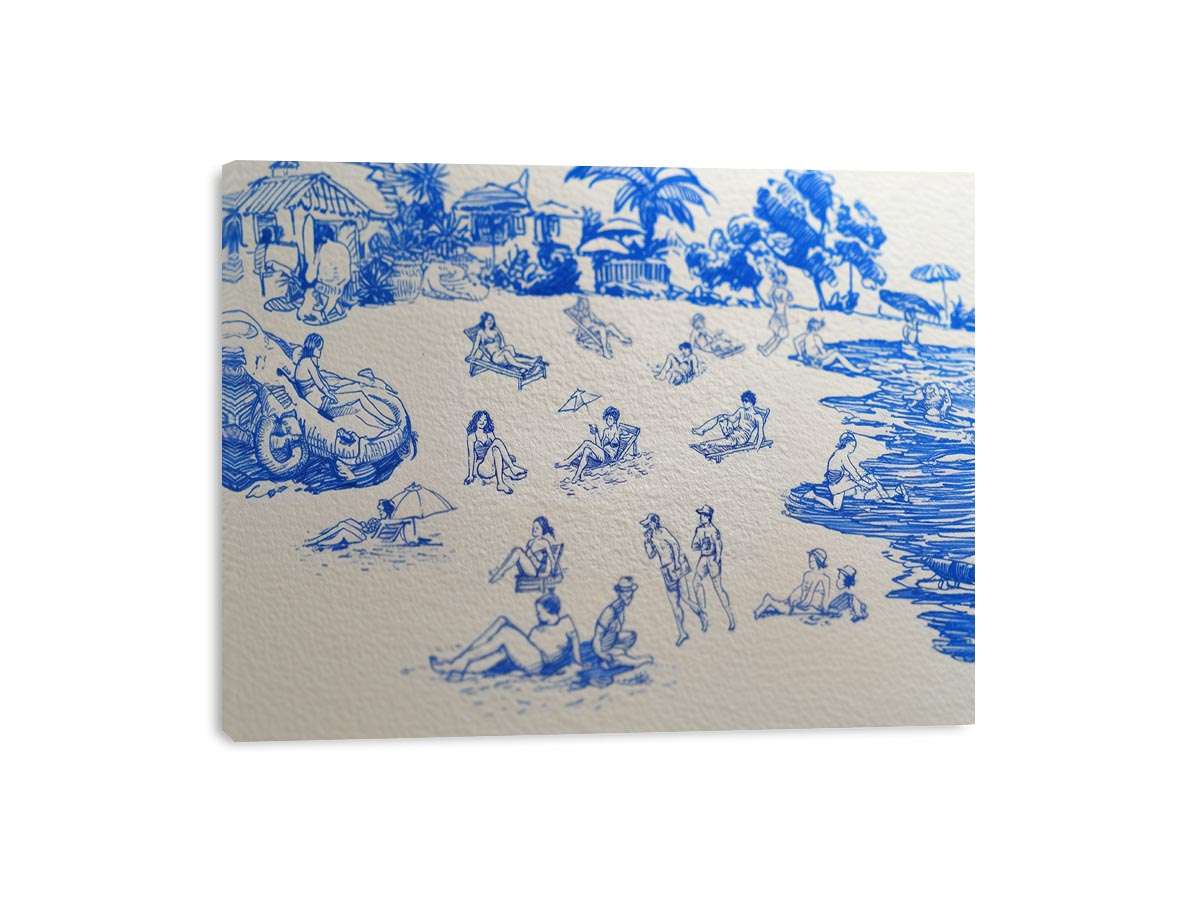 Blue tropical beach line art canvas for playful coastal wall decor.