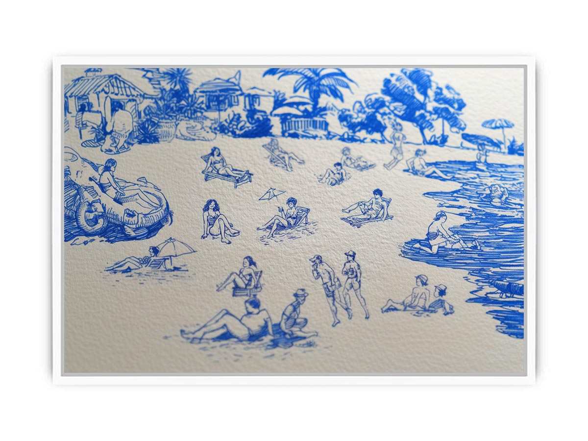 Blue tropical beach line art canvas for playful coastal wall decor.