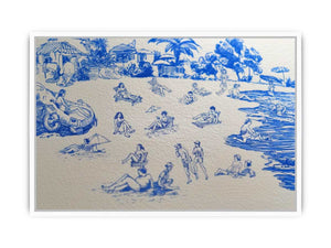 Blue tropical beach line art canvas for playful coastal wall decor.