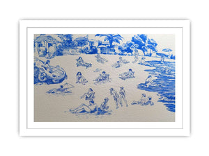 Blue tropical beach line art canvas for playful coastal wall decor.