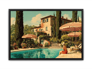 Tuscan pool villa canvas art for Mediterranean living room decor.