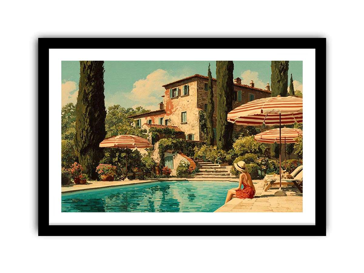 Tuscan pool villa canvas art for Mediterranean living room decor.