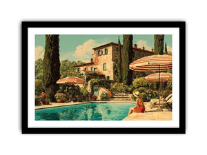 Tuscan pool villa canvas art for Mediterranean living room decor.