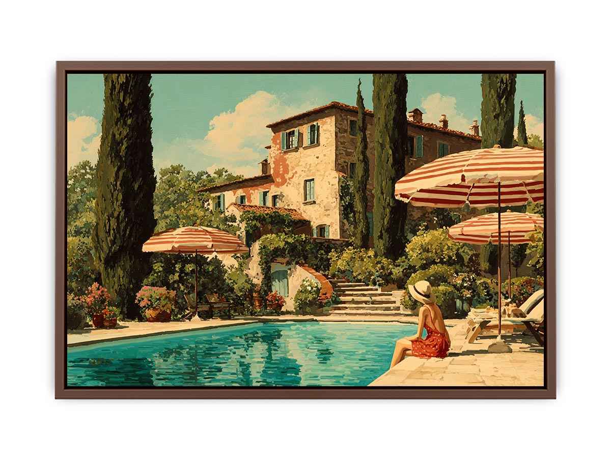 Tuscan pool villa canvas art for Mediterranean living room decor.