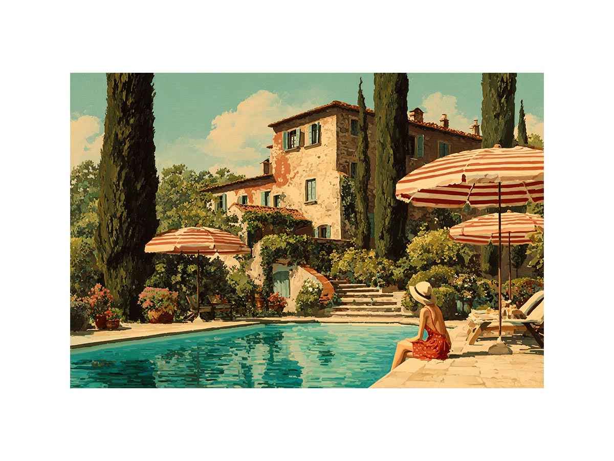 Tuscan pool villa canvas art for Mediterranean living room decor.