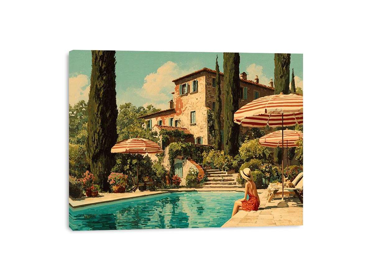 Tuscan pool villa canvas art for Mediterranean living room decor.