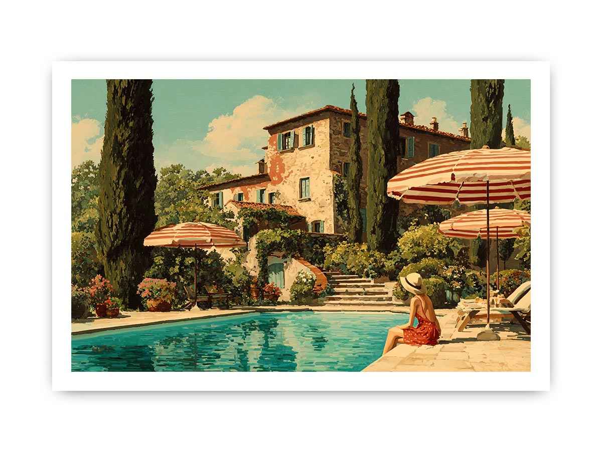 Tuscan pool villa canvas art for Mediterranean living room decor.