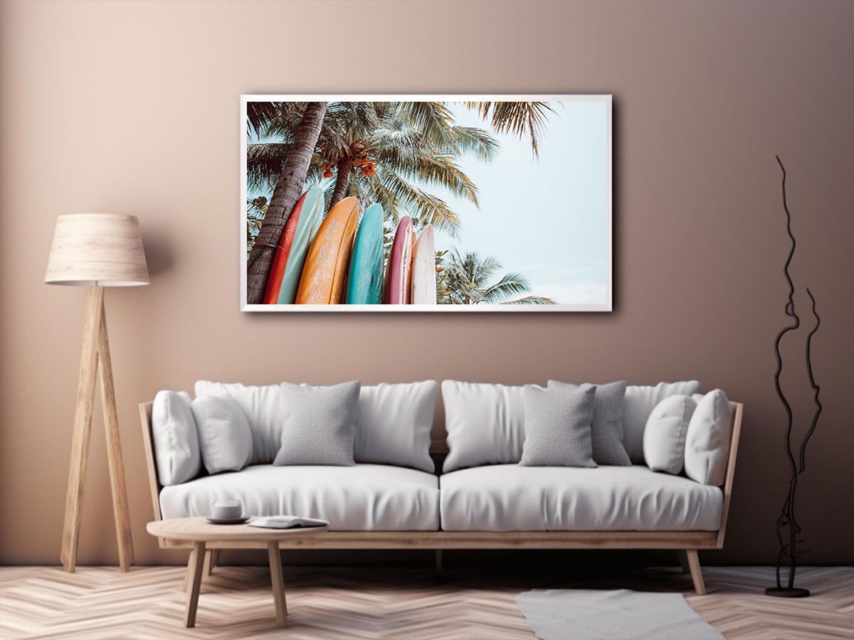 Colorful surfboard palm tree canvas print for tropical coastal decor.