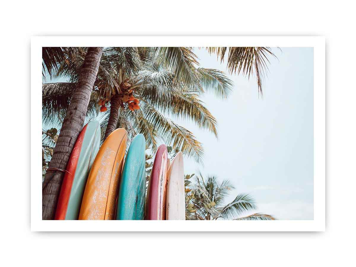 Colorful surfboard palm tree canvas print for tropical coastal decor.