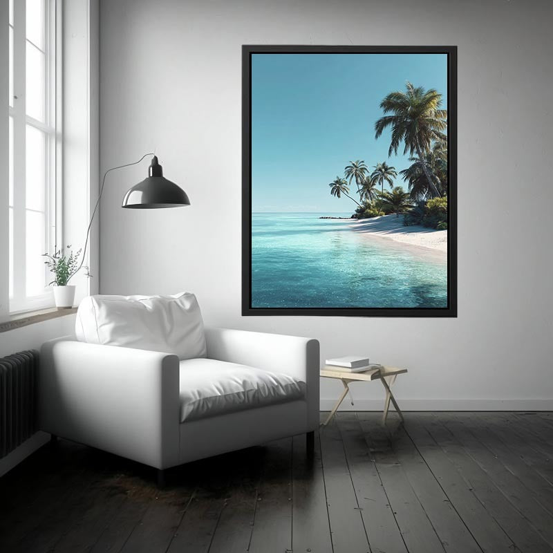 Tropical palm beach canvas print for serene coastal bedroom decor.